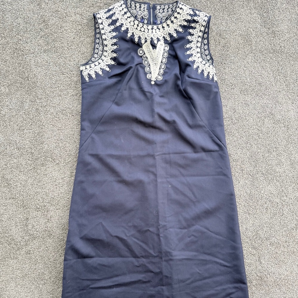 Womens M Navy Blue Sleeveless Shift Dress White Soutache Embroidered Hand Made